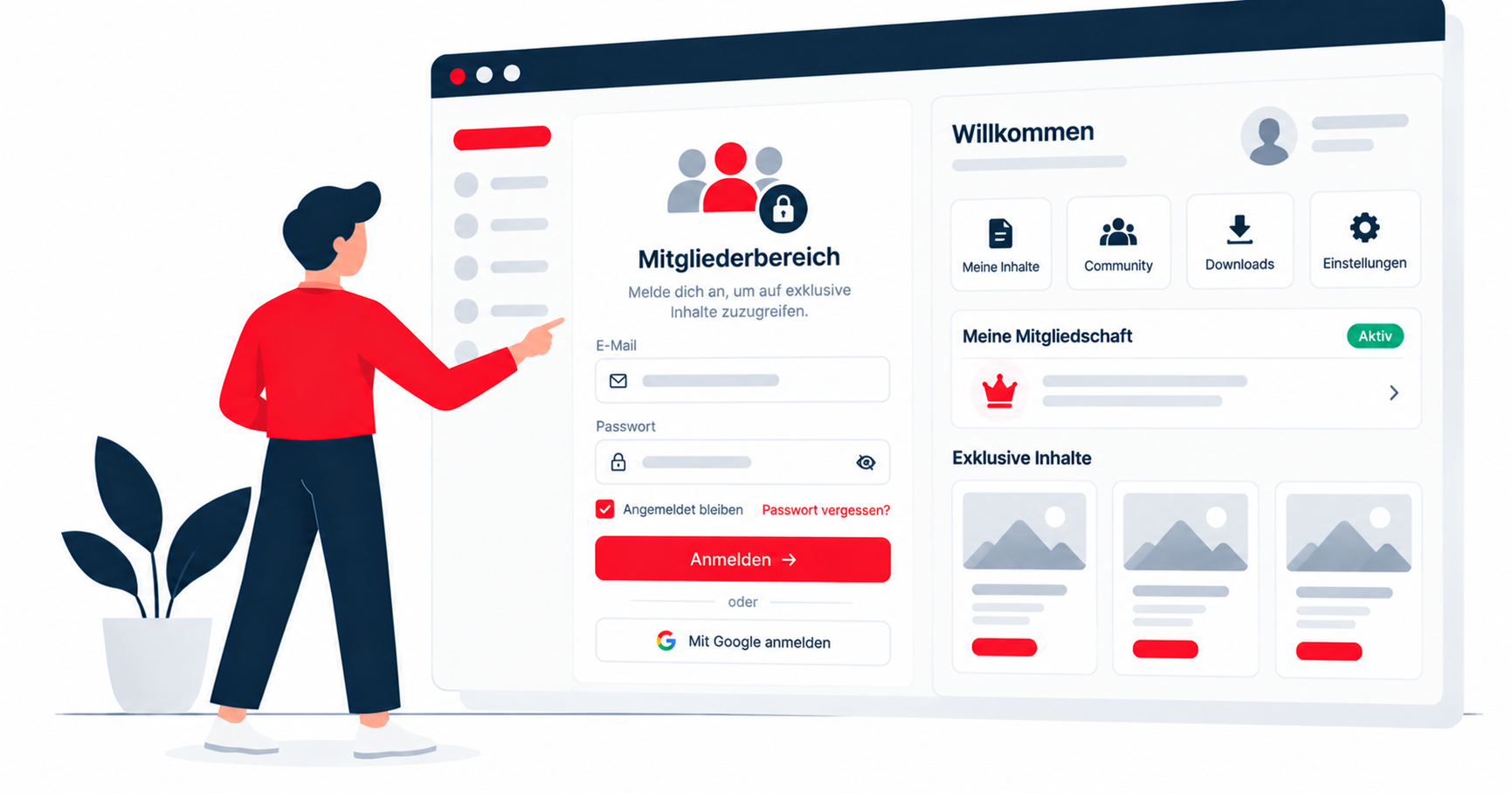 Verwalte Mitgliedschaften, verkaufe Zugang zu exklusiven Inhalten und biete ein Login für Kunden. Verwalte Mitgliedschaften, verkaufe Zugang zu exklusiven Inhalten und biete ein Login für Kunden.